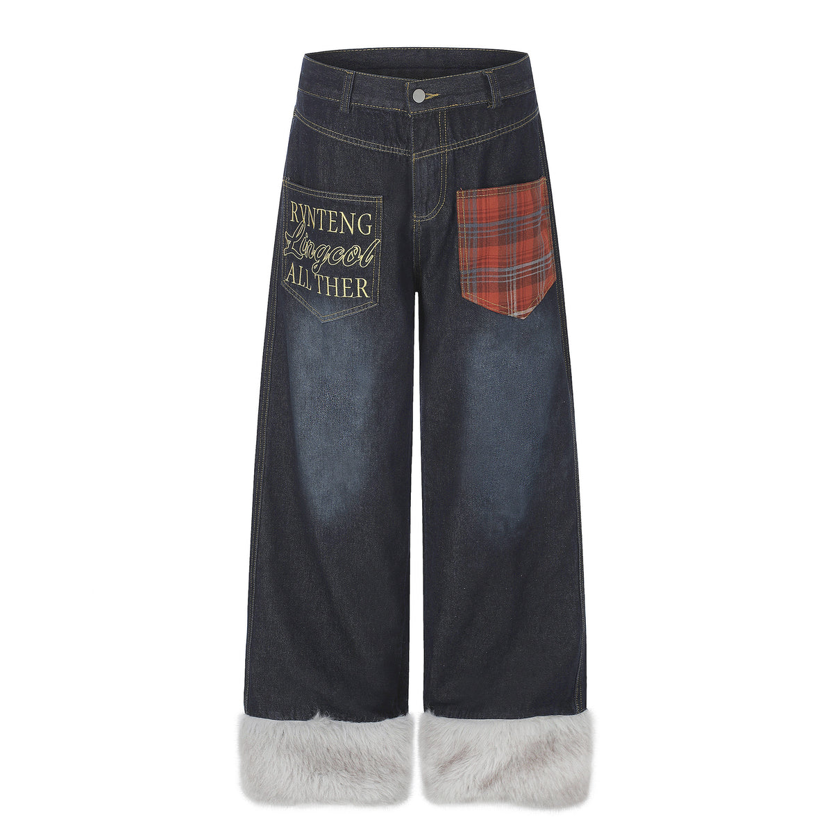 Jean unisexe doublé polaire, patchwork à carreaux, broderie lettres et jambes larges 9
