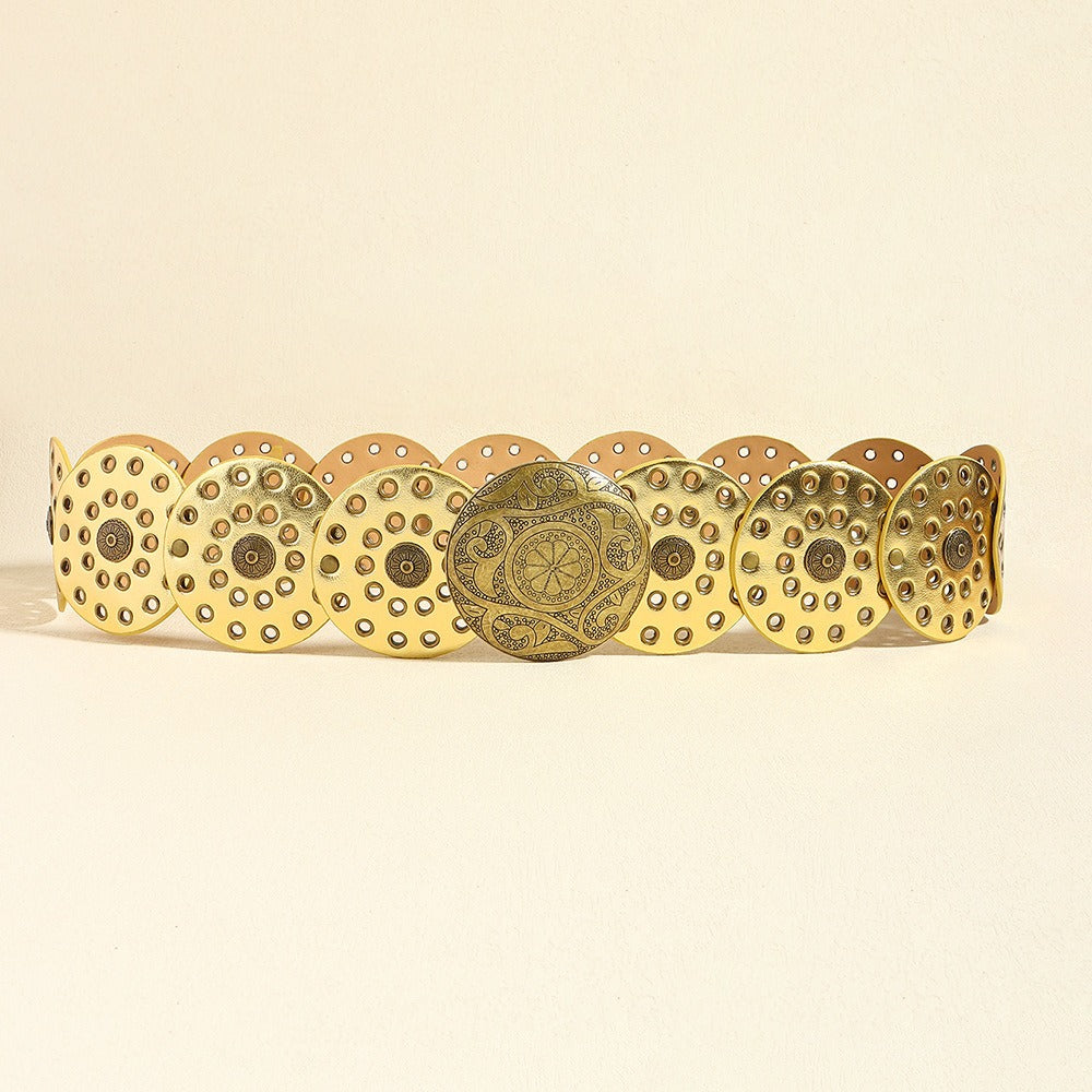 Ceinture large western en similicuir, boucle ronde ajourée en métal, style vintage, pour femme, 12 coloris 9