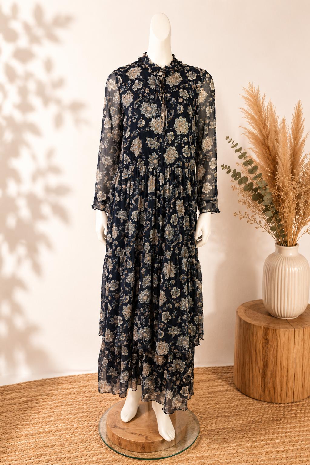 Robe longue Cortefiel bohème fleurie voile bleu marine T36/S NWT