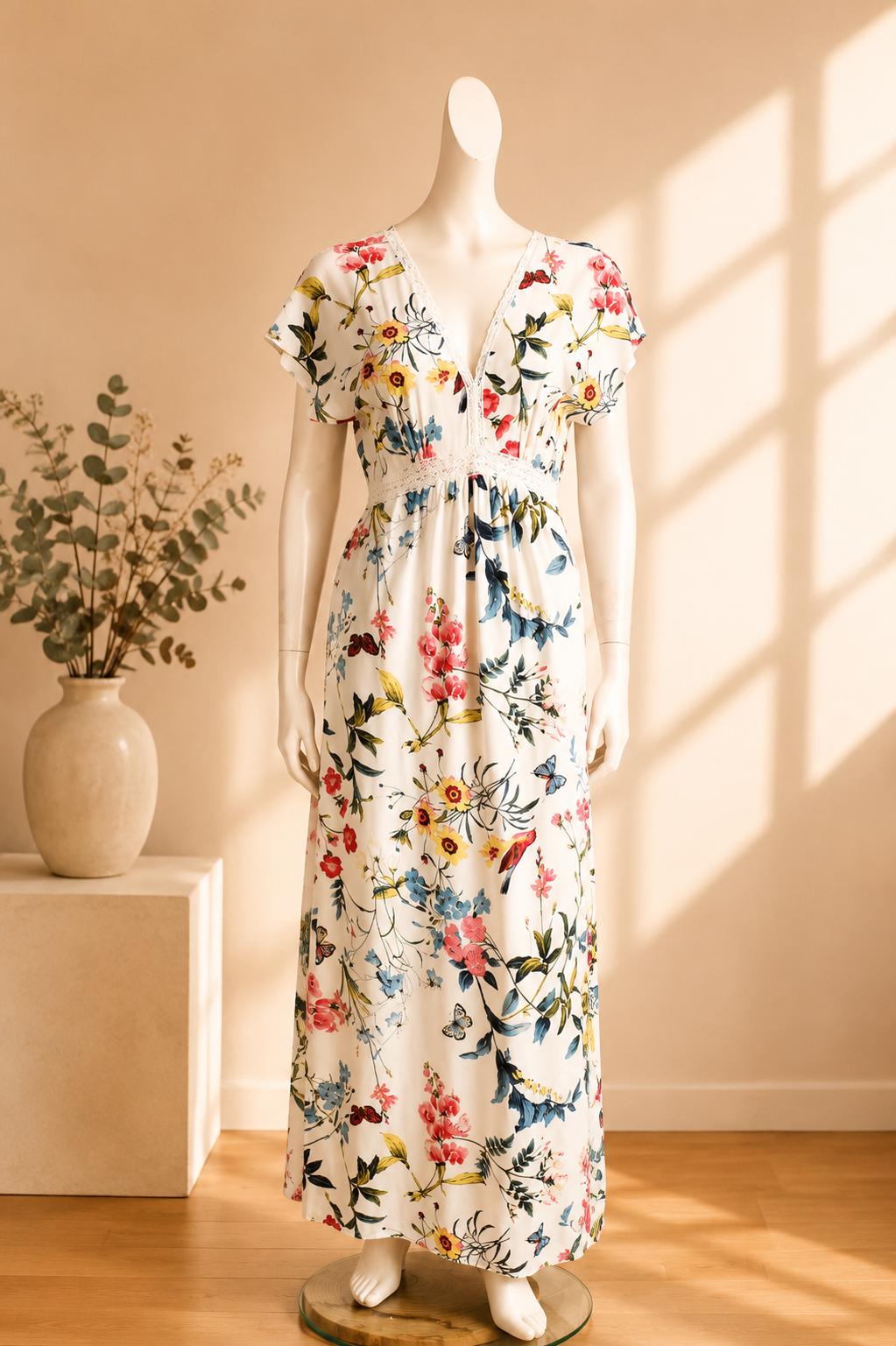 Robe longue Springfield fleurie écrue viscose femme taille 38
