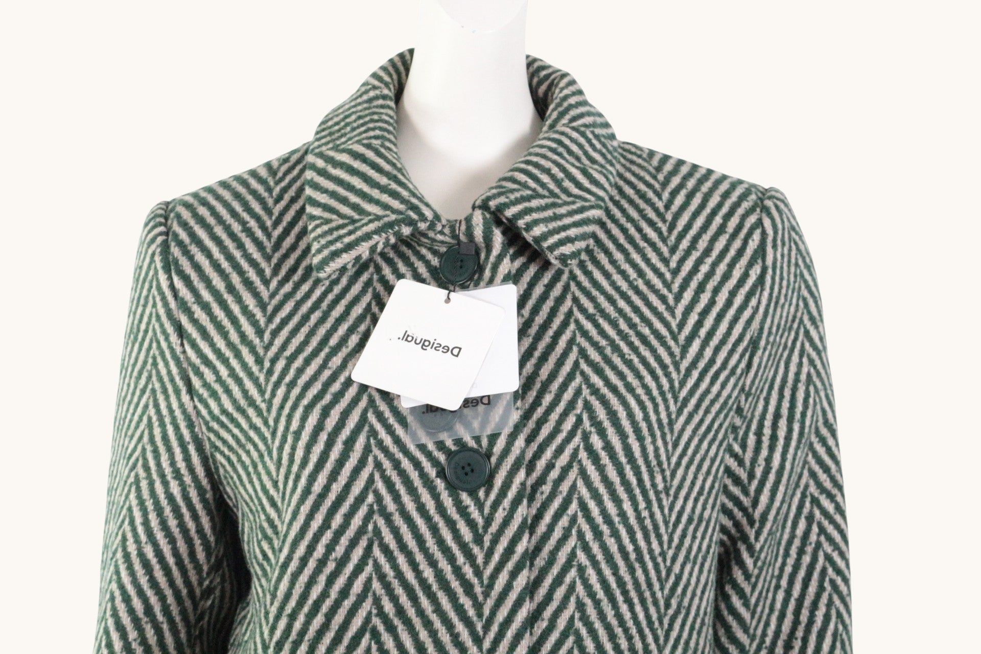 Desigual Manteau mi-long Laine, Polyester Vert, Beige   Neuf