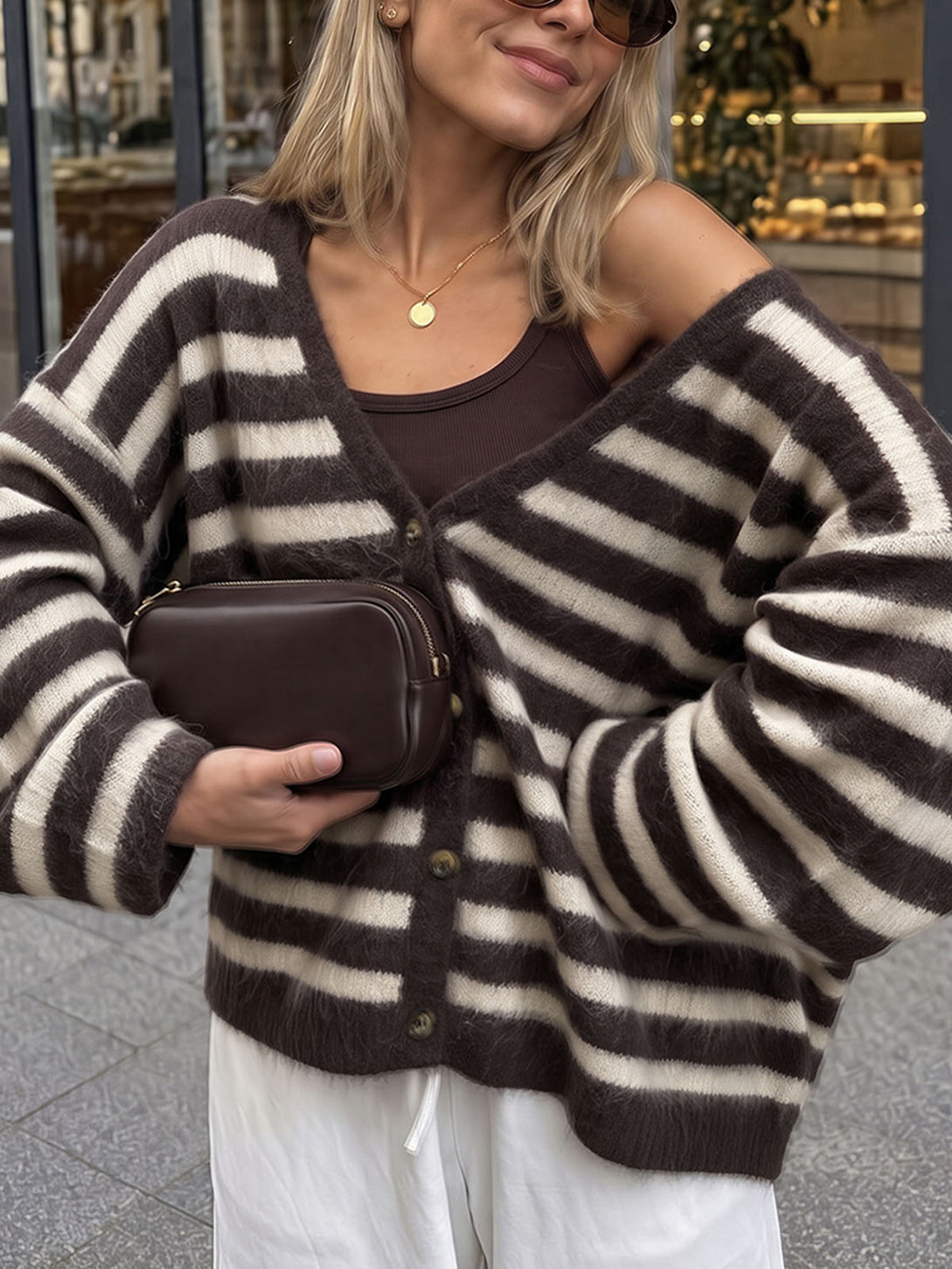 Gilet en maille à col V, rayures et carreaux, manches longues, pour femme, multicolore 4