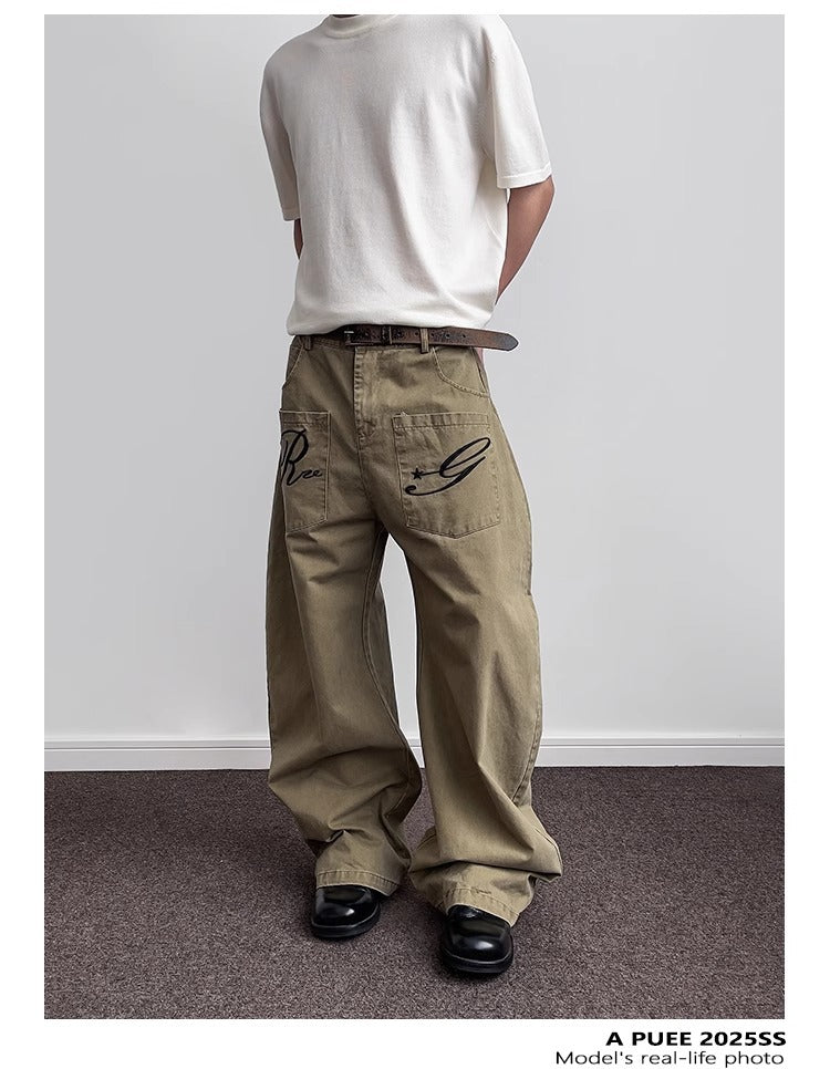 Pantalon cargo en denim rétro brodé de lettres pour homme, coupe droite déstructurée légèrement évasée 11