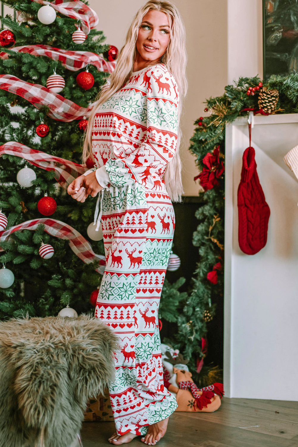 Ensemble de détente pull et pantalon, imprimé de Noël, blanc, polyester et élasthanne, pour femme 9