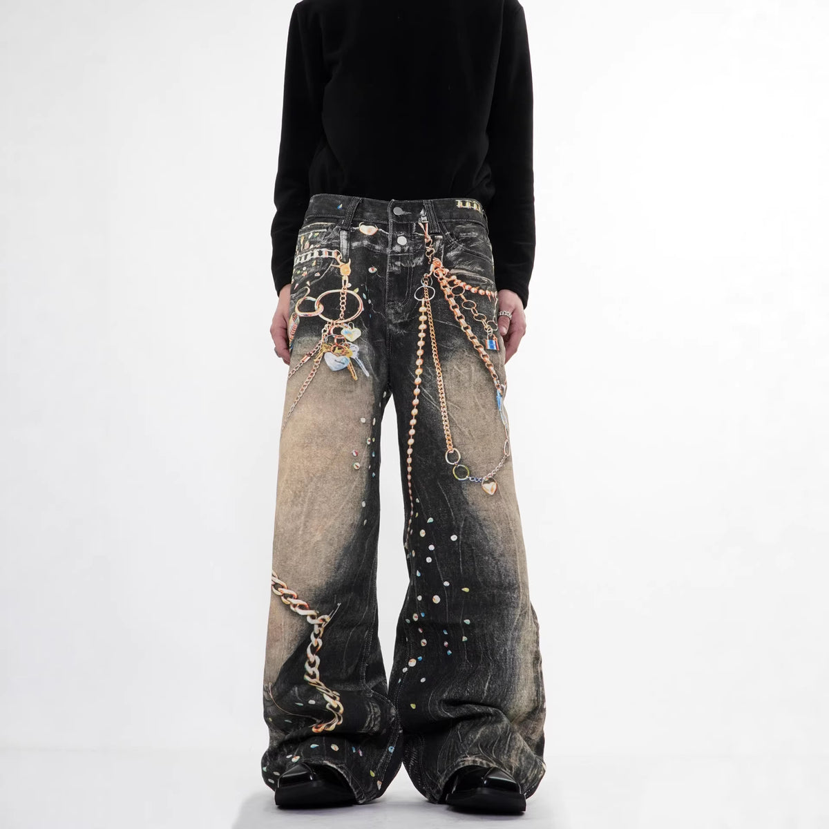 Pantalon en denim épais imprimé streetwear avec chaîne, coupe droite, unisexe 3