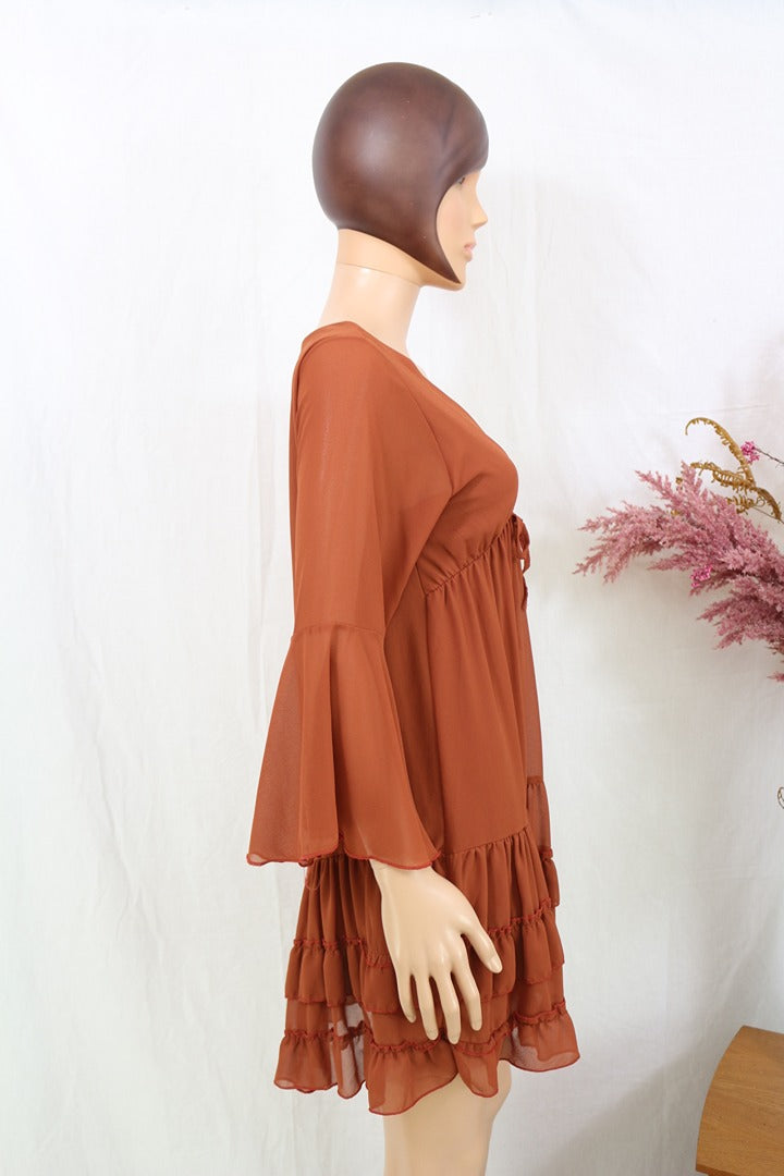 Robe courte mousseline marron S manches évasees volants 3