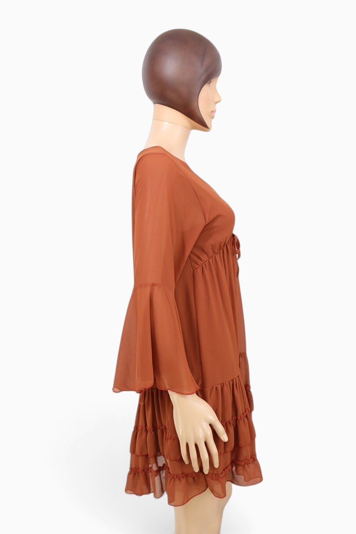 Robe courte mousseline marron S manches évasees volants | Frippin'Dealz – photo 4