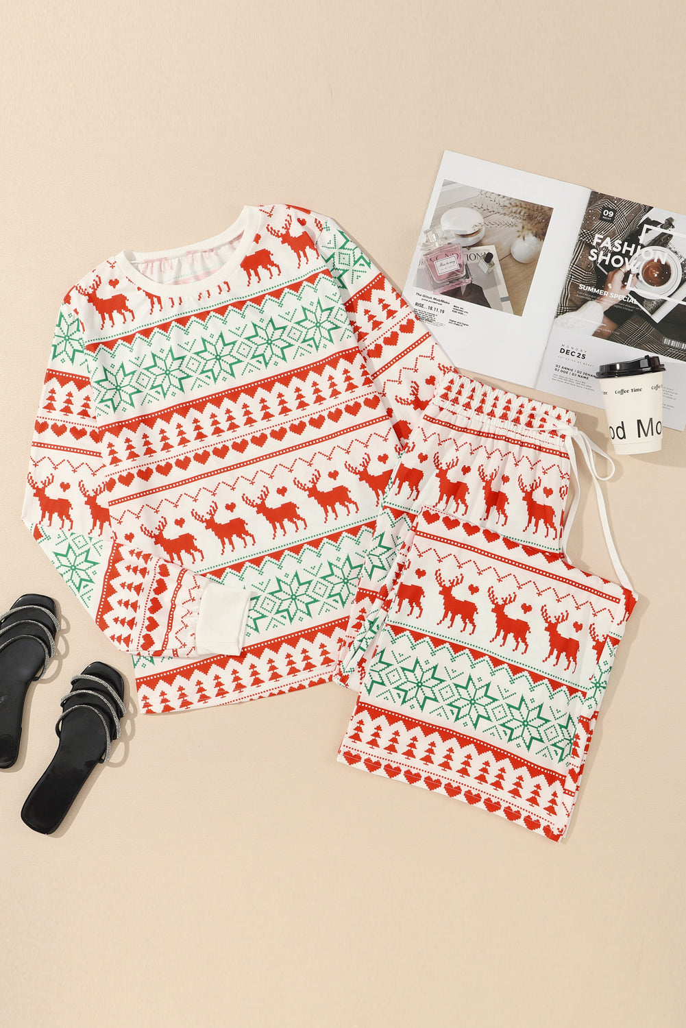 Ensemble de détente pull et pantalon, imprimé de Noël, blanc, polyester et élasthanne, pour femme 13