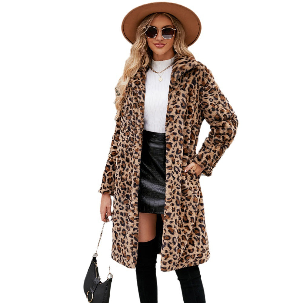 Manteau long en fausse fourrure à imprimé léopard, col tailleur, manches longues, pour femme, 2 coloris