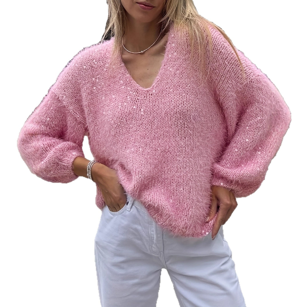 Pull à col V en maille lurex, manches longues, pour femme, rose 6