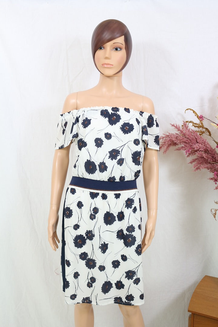Robe midi Marie Méro blanc bleu motif floral col bateau T36 3