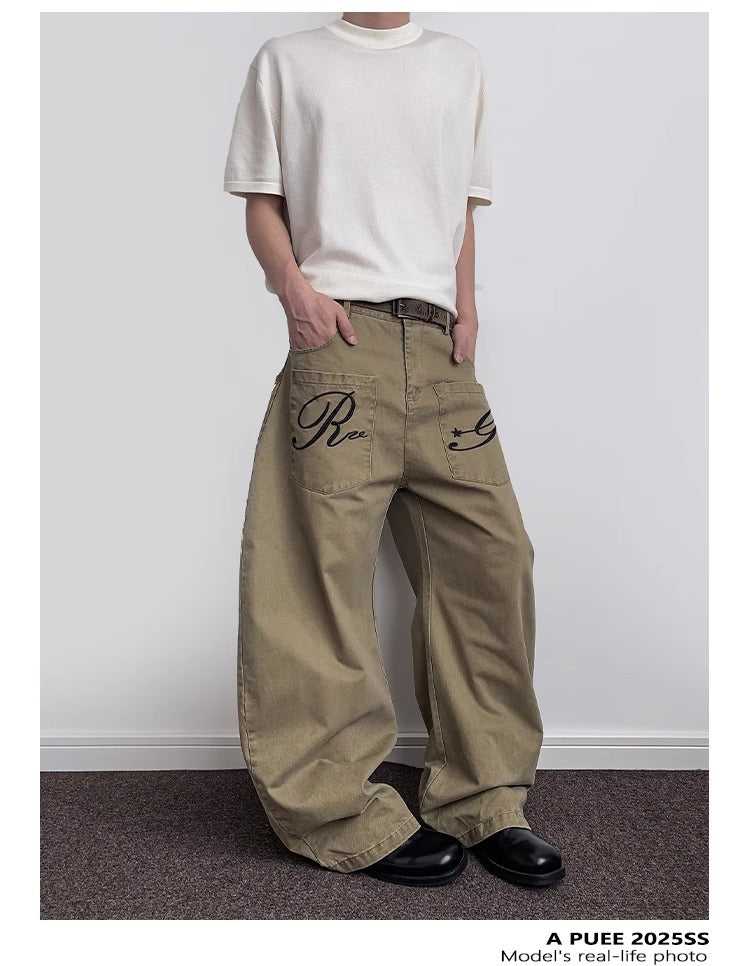 Pantalon cargo en denim rétro brodé de lettres pour homme, coupe droite déstructurée légèrement évasée 12