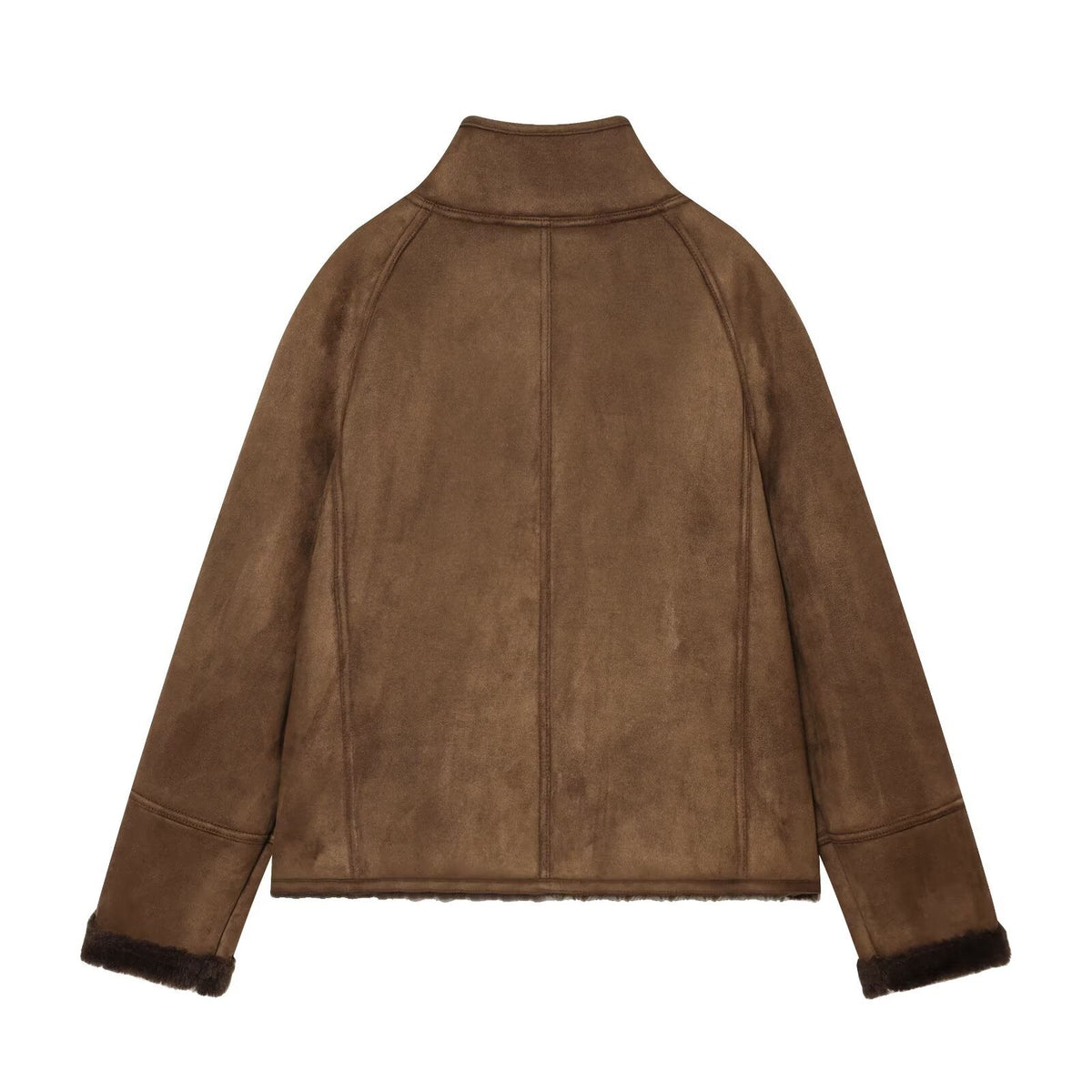 Veste courte à col montant effet fourrure patchwork, manches longues, pour femme, marron 3