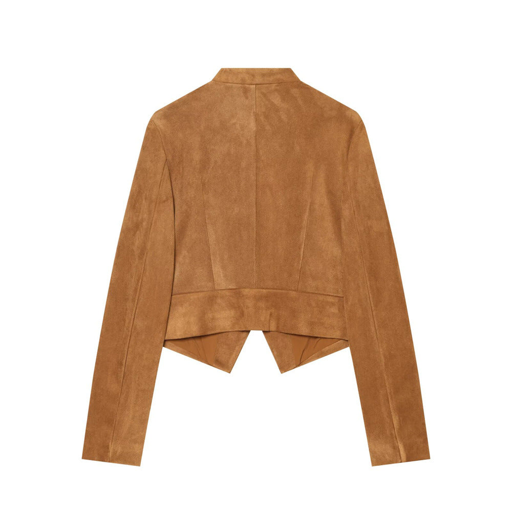 Veste à col montant, fausse poche à rabat et boucle, marron foncé 3