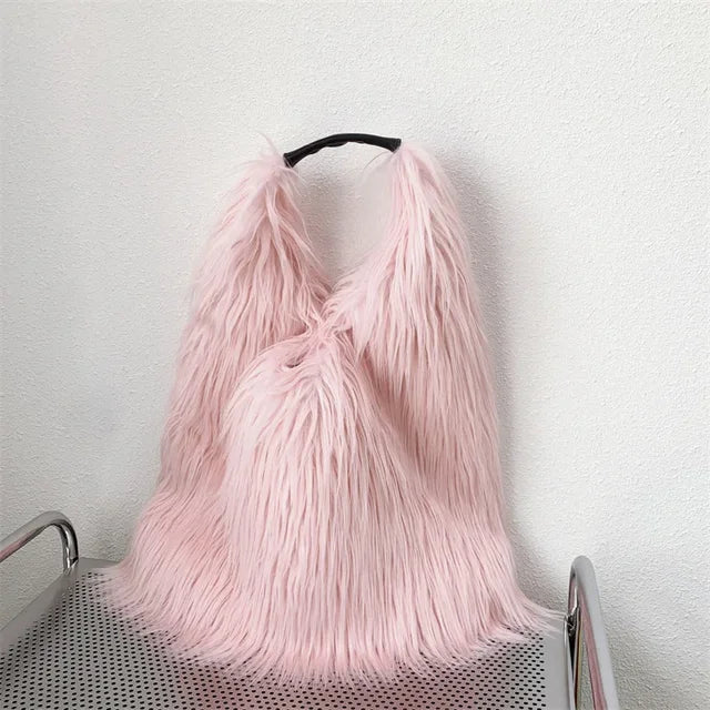 Grand sac porté épaule fausse fourrure moelleux 12 couleurs 15