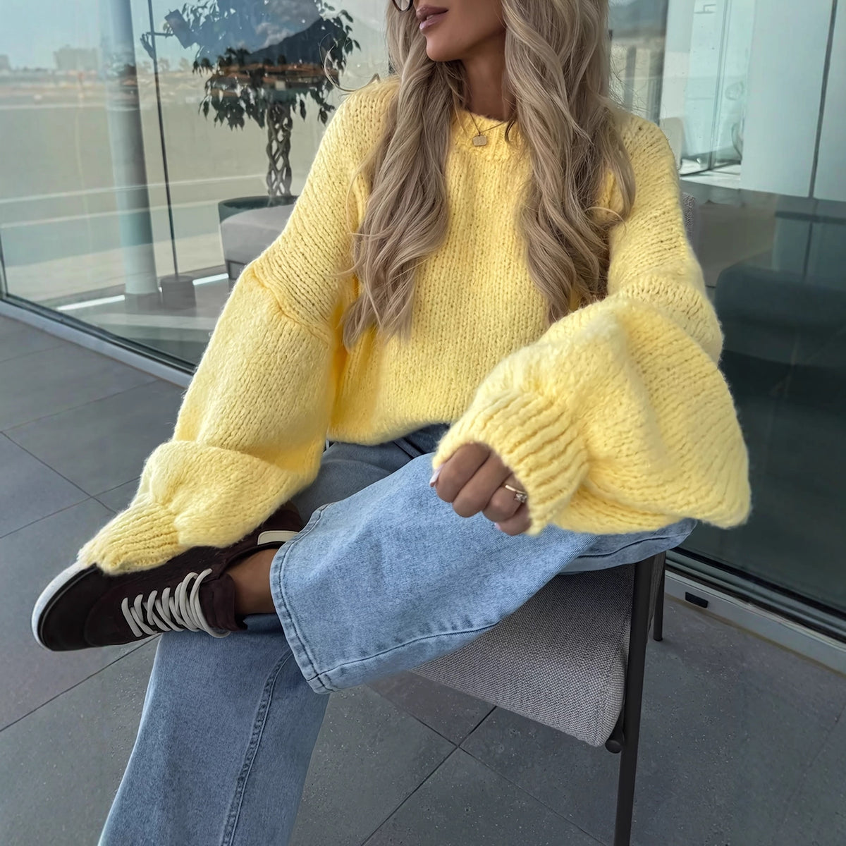Pull en maille épaisse à col rond pour femme, coupe ample, jaune 2