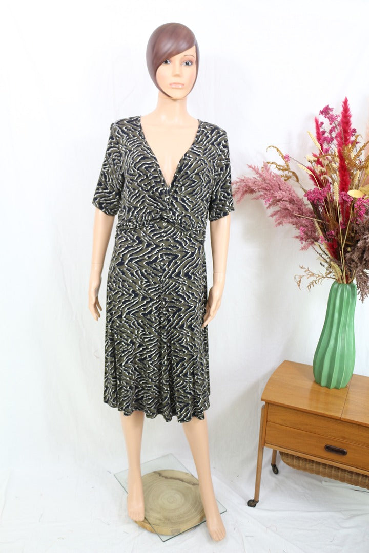 Robe midi Bodyflirt cache-cœur vert noir imprimé animal 46 5