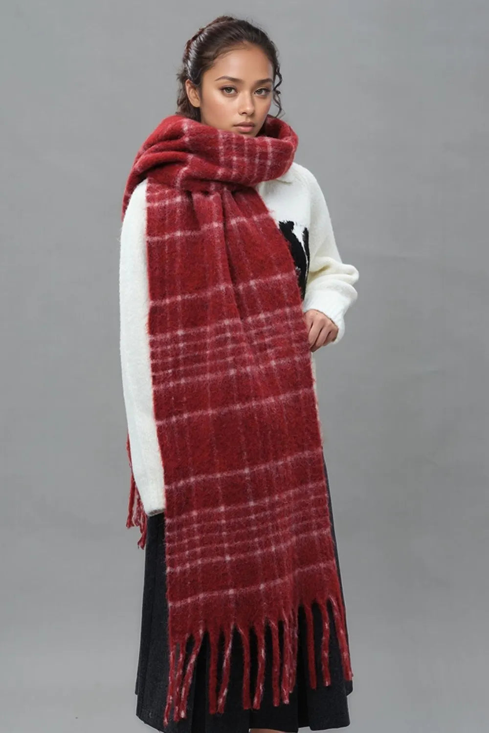 Écharpe chaude à carreaux avec franges, en laine de mouton, 2 coloris 5