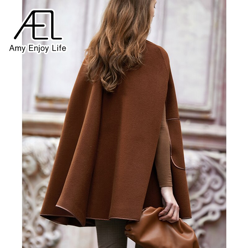 Cape poncho en laine, longue et ample, auburn 5
