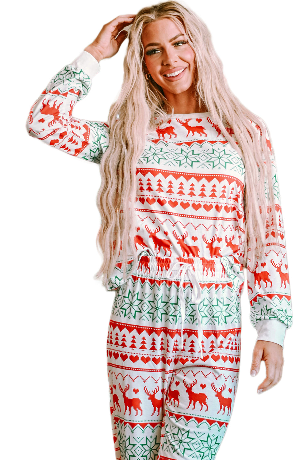 Ensemble de détente pull et pantalon, imprimé de Noël, blanc, polyester et élasthanne, pour femme 23