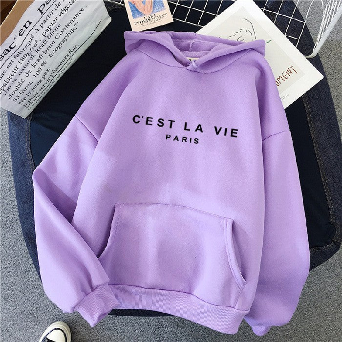 Sweat à capuche pour femme imprimé lettres, doublé polaire, coupe ample, style étudiant décontracté 15