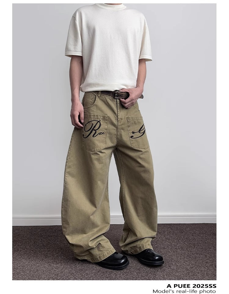 Pantalon cargo en denim rétro brodé de lettres pour homme, coupe droite déstructurée légèrement évasée 15