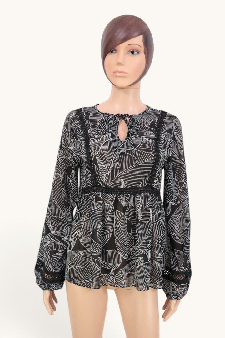 Blouse Esperance polyester noir et blanc feuilles taille M