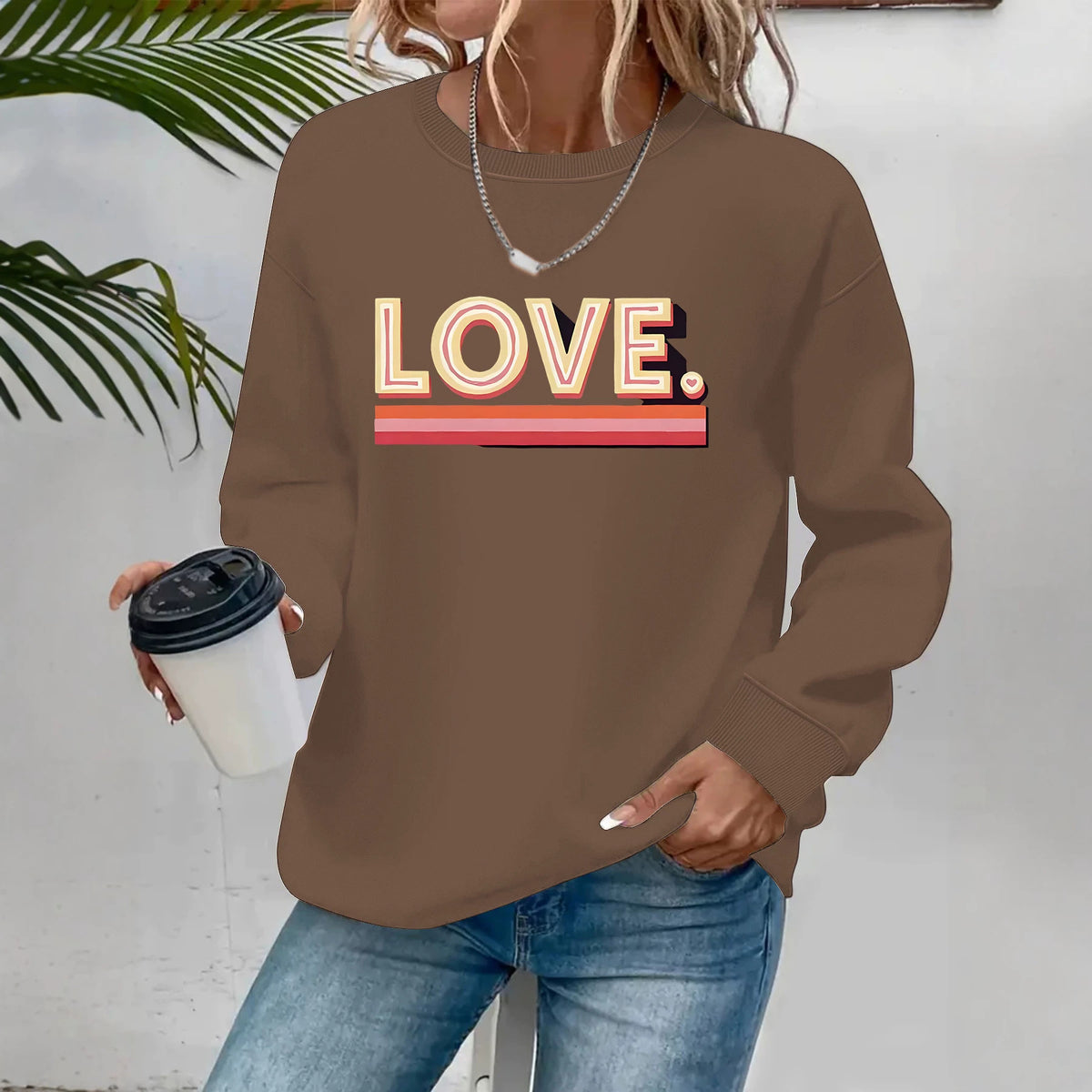 Sweat ample à col rond, imprimé transfert thermique, manches lanternes, style urbain, pour femme, 4 coloris 6