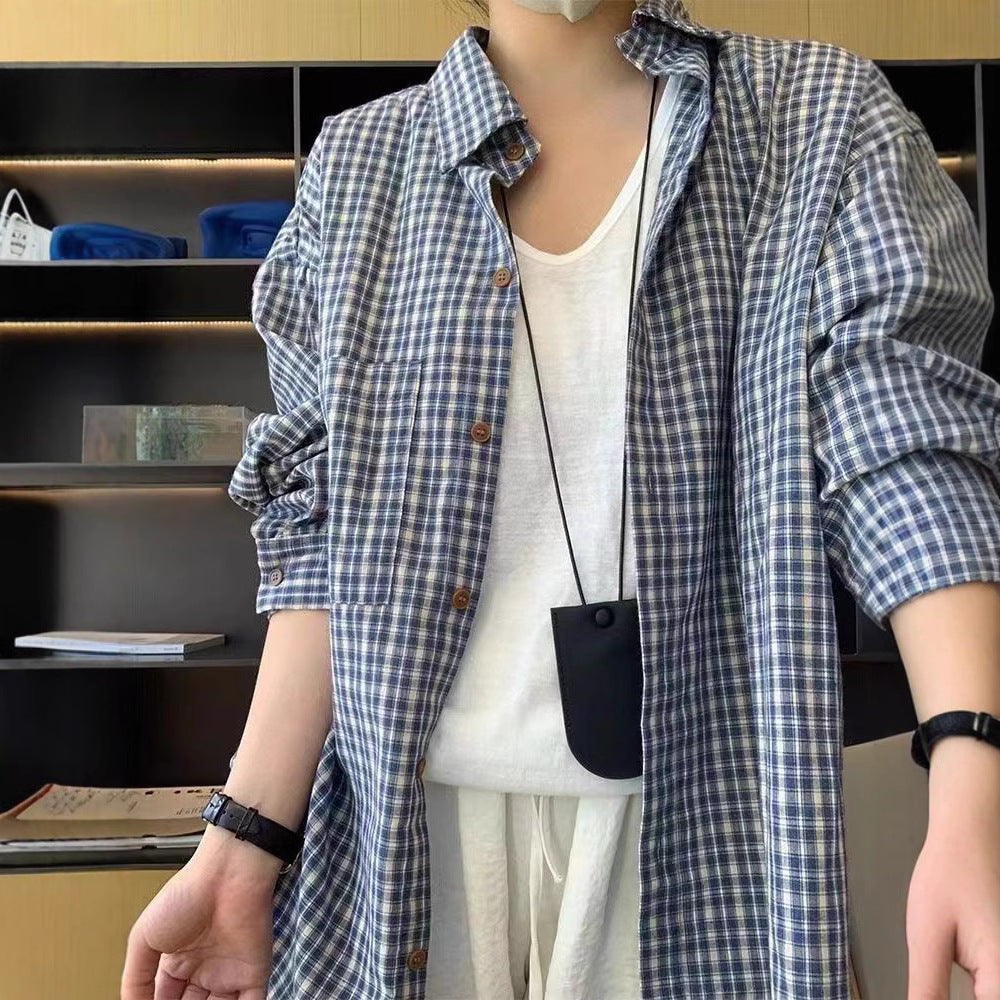 Chemise à carreaux bleus à manches longues, coupe ample, pour femme 2