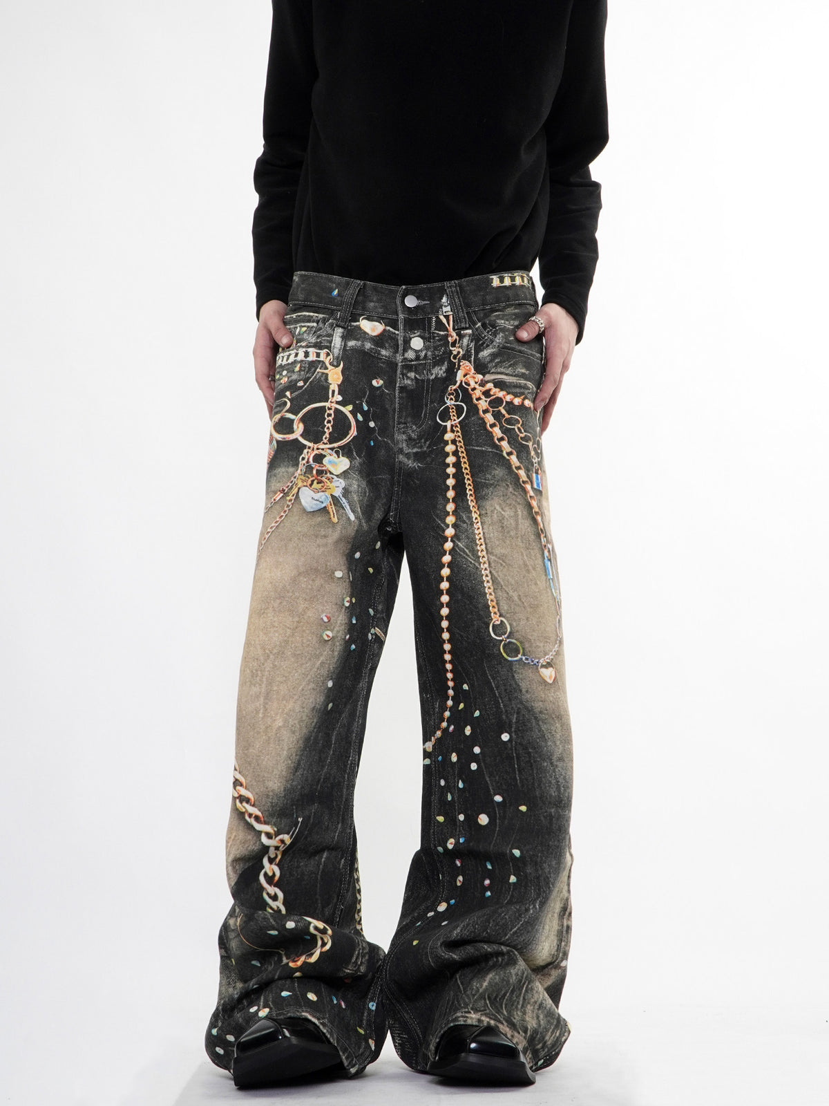 Pantalon en denim épais imprimé streetwear avec chaîne, coupe droite, unisexe 11