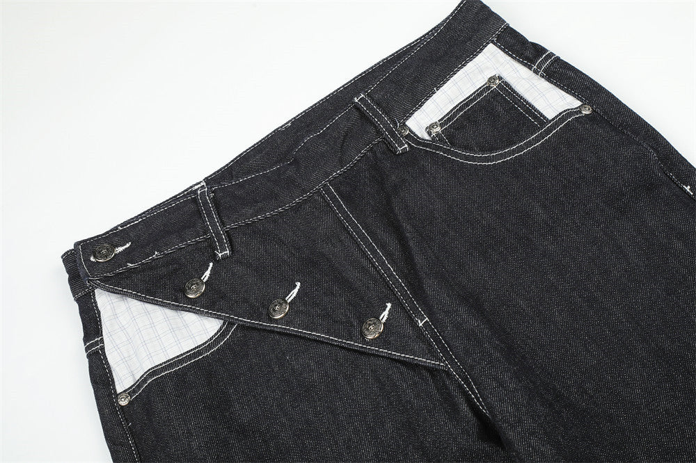 Jean droit à revers pour homme, patchwork à carreaux et boutons en biais 12