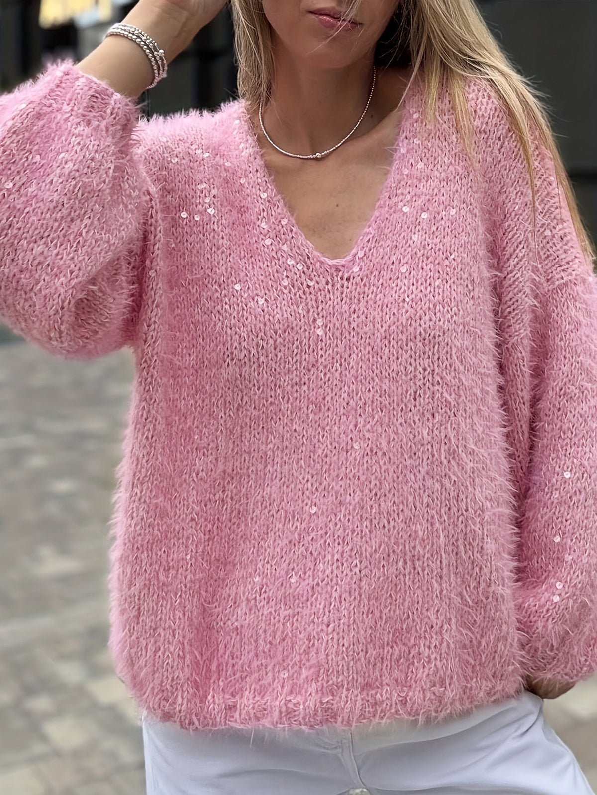 Pull col V maille lurex manches longues femme rose – photo 8 – Frippin'Dealz