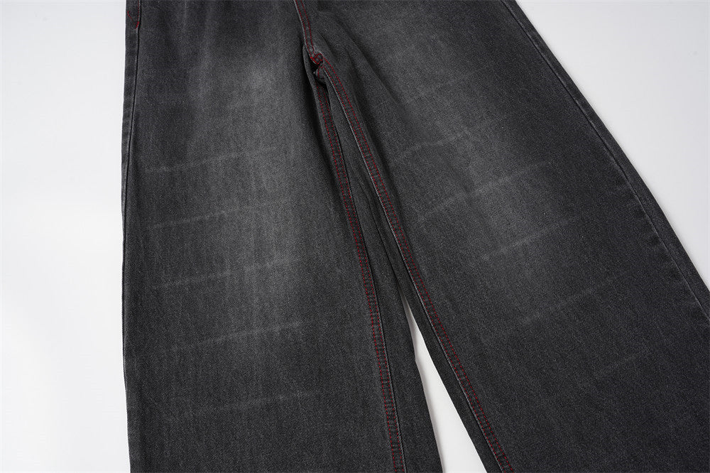 Jean droit délavé effet usé pour homme, imprimé ailes, style street 15