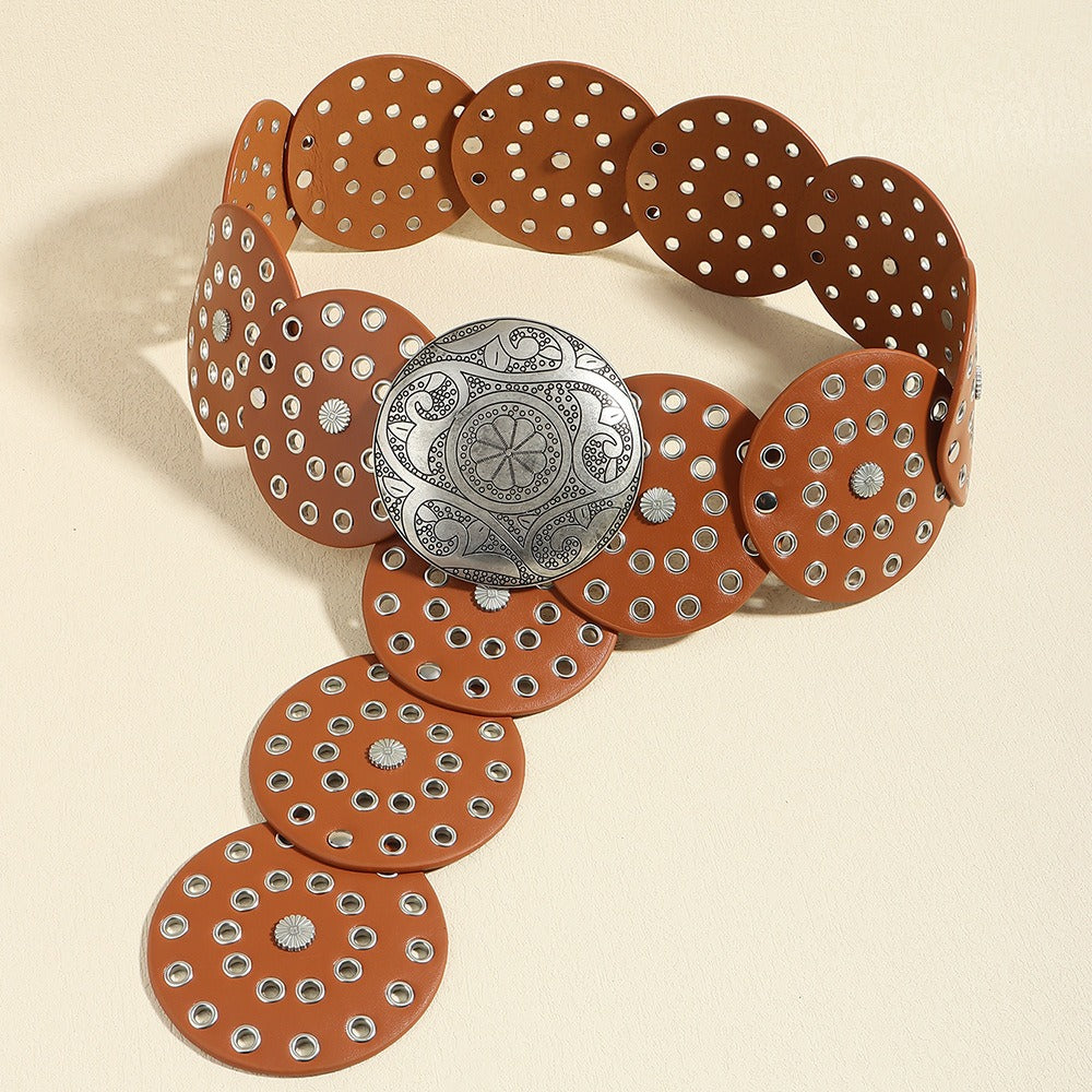 Ceinture large western en similicuir, boucle ronde ajourée en métal, style vintage, pour femme, 12 coloris 5