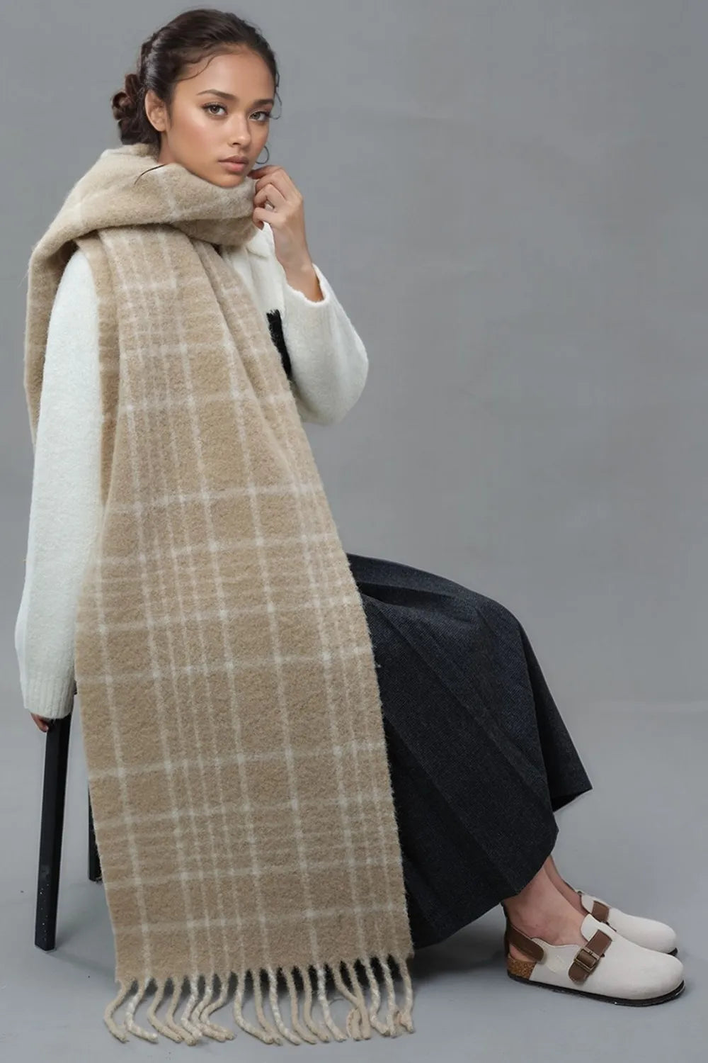 Écharpe chaude à carreaux avec franges, en laine de mouton, 2 coloris 7