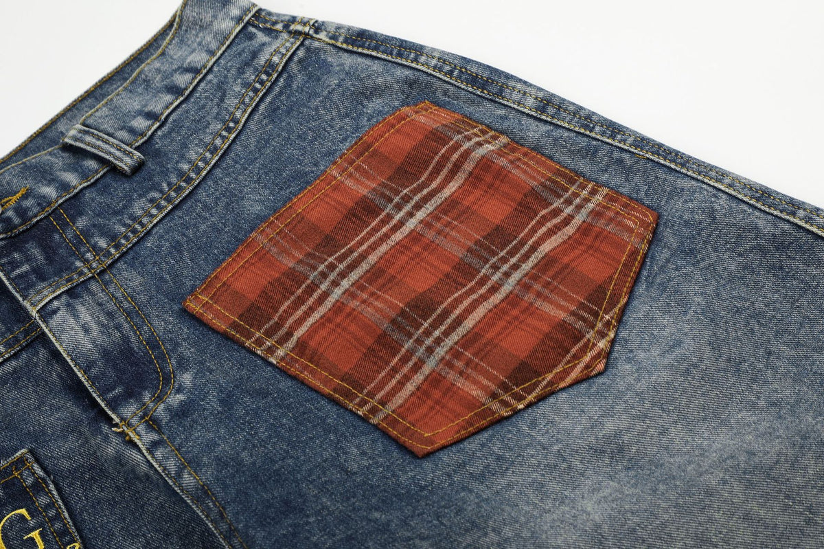 Jean unisexe doublé polaire, patchwork à carreaux, broderie lettres et jambes larges 15