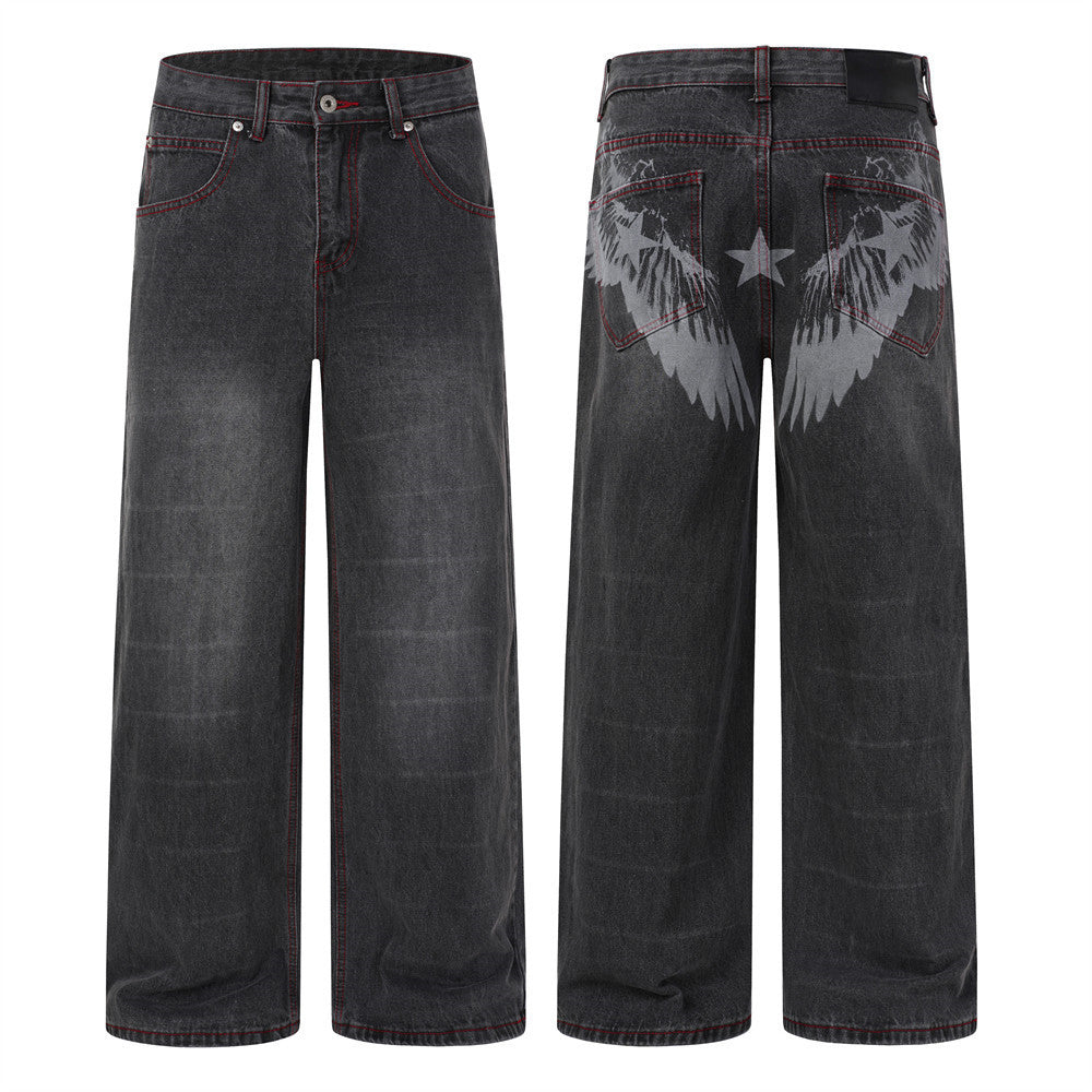 Jean droit délavé effet usé pour homme, imprimé ailes, style street 8
