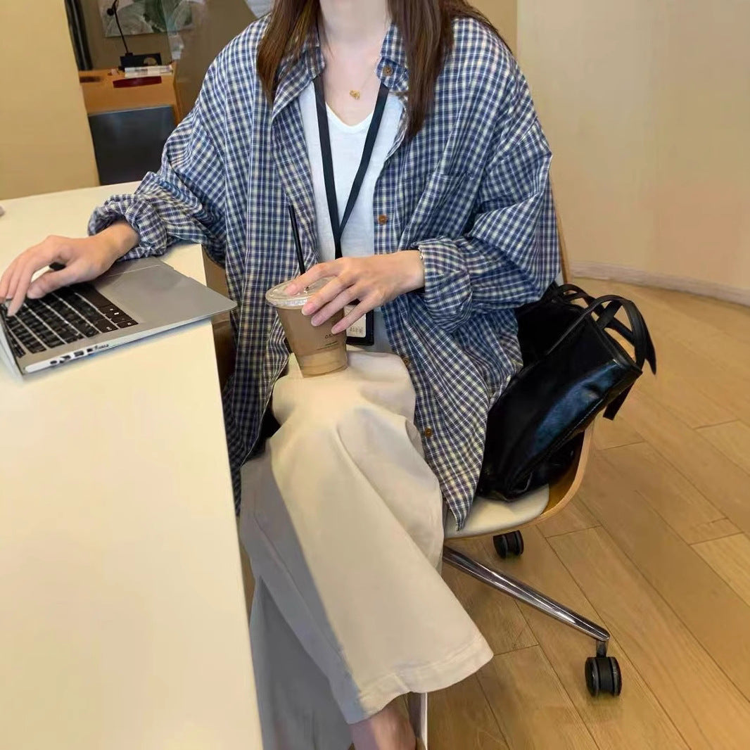 Chemise à carreaux bleus à manches longues, coupe ample, pour femme 3