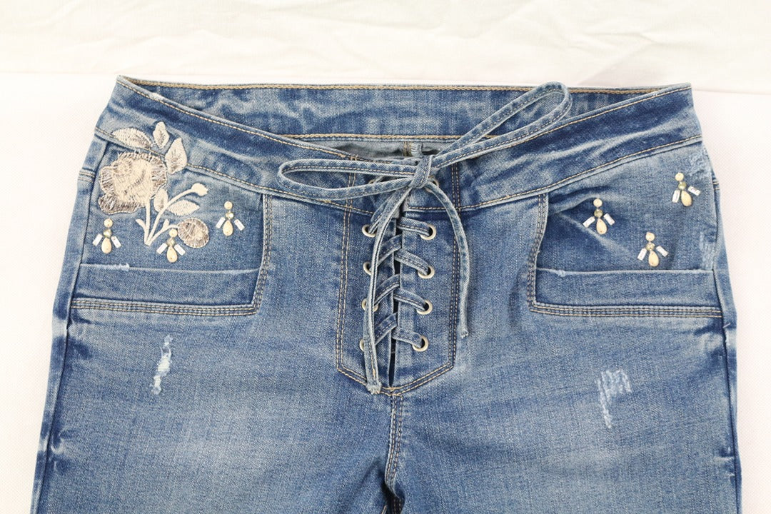 Jean flare femme bleu brodé perles lacet taille 38 archive fashion 3