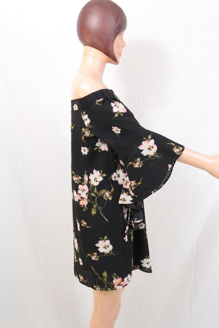Robe courte Bisou's Project noire à fleurs col bateau S/m 7