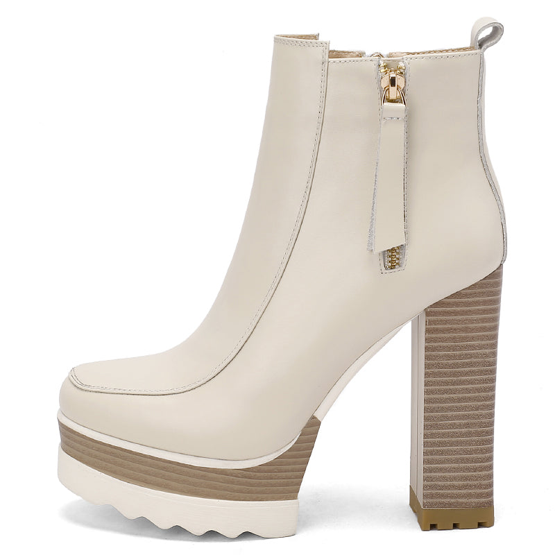 Bottines en cuir à talon épais 13 cm et plateforme, doublure peluche ou simple