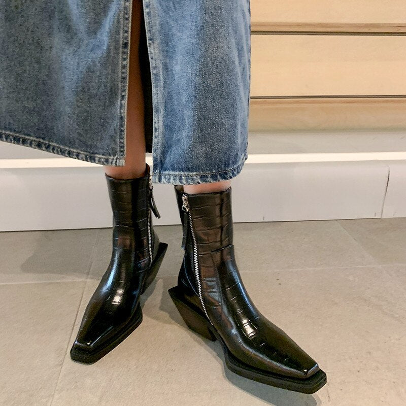 Bottines en cuir à talon épais et bout carré, zip latéral, style rétro, pour femme 7