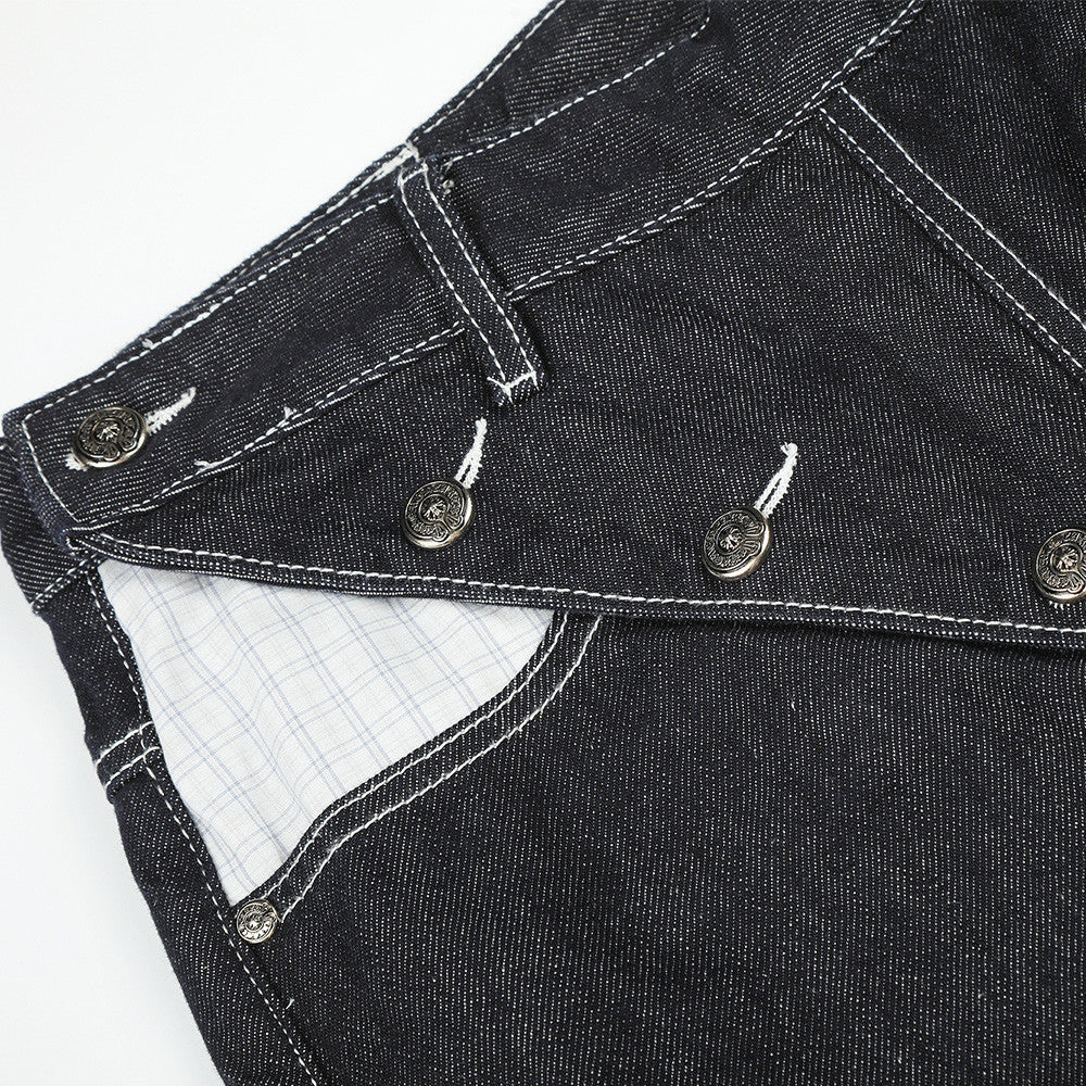 Jean droit à revers pour homme, patchwork à carreaux et boutons en biais 4