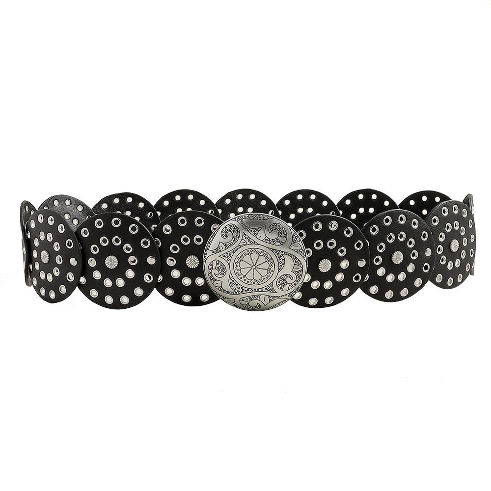 Ceinture large western en similicuir, boucle ronde ajourée en métal, style vintage, pour femme, 12 coloris 15
