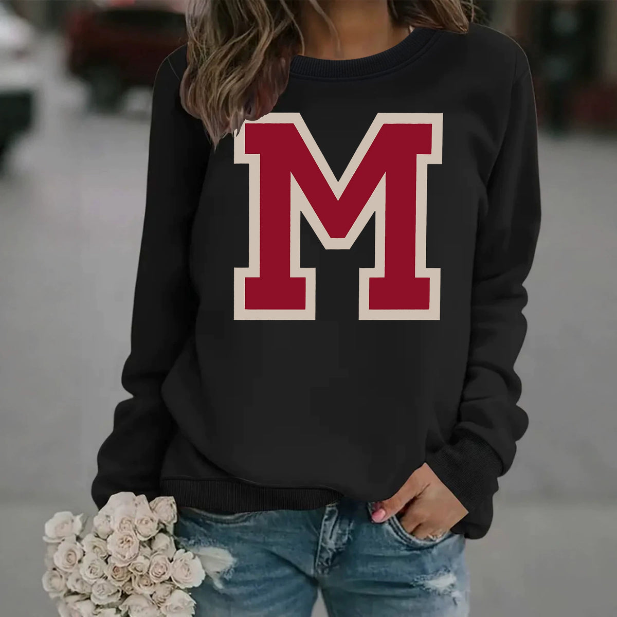 Sweat ample à col rond, imprimé, manches lanternes, style casual, longueur standard, pour femme, 7 coloris 4
