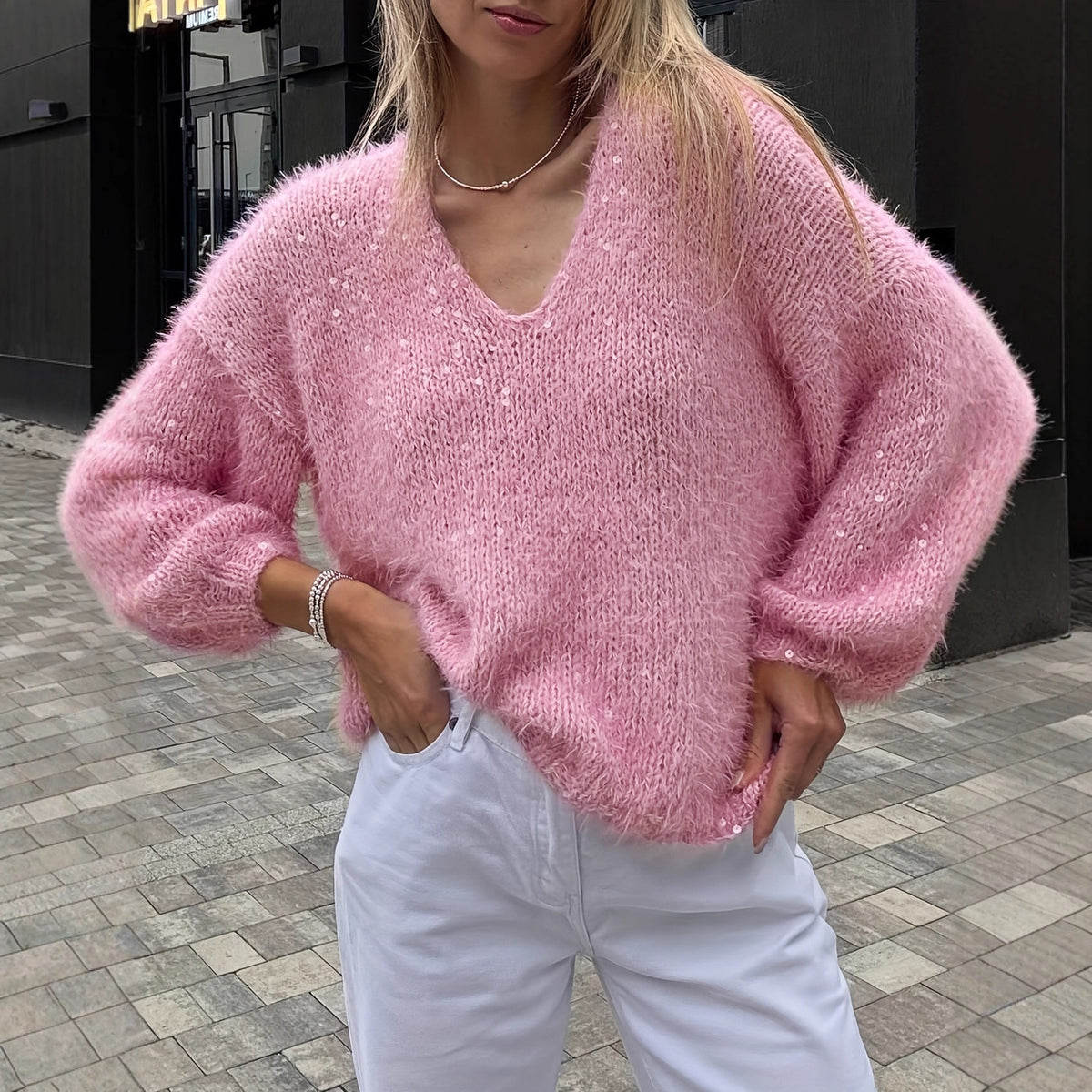 Pull à col V en maille lurex, manches longues, pour femme, rose 3