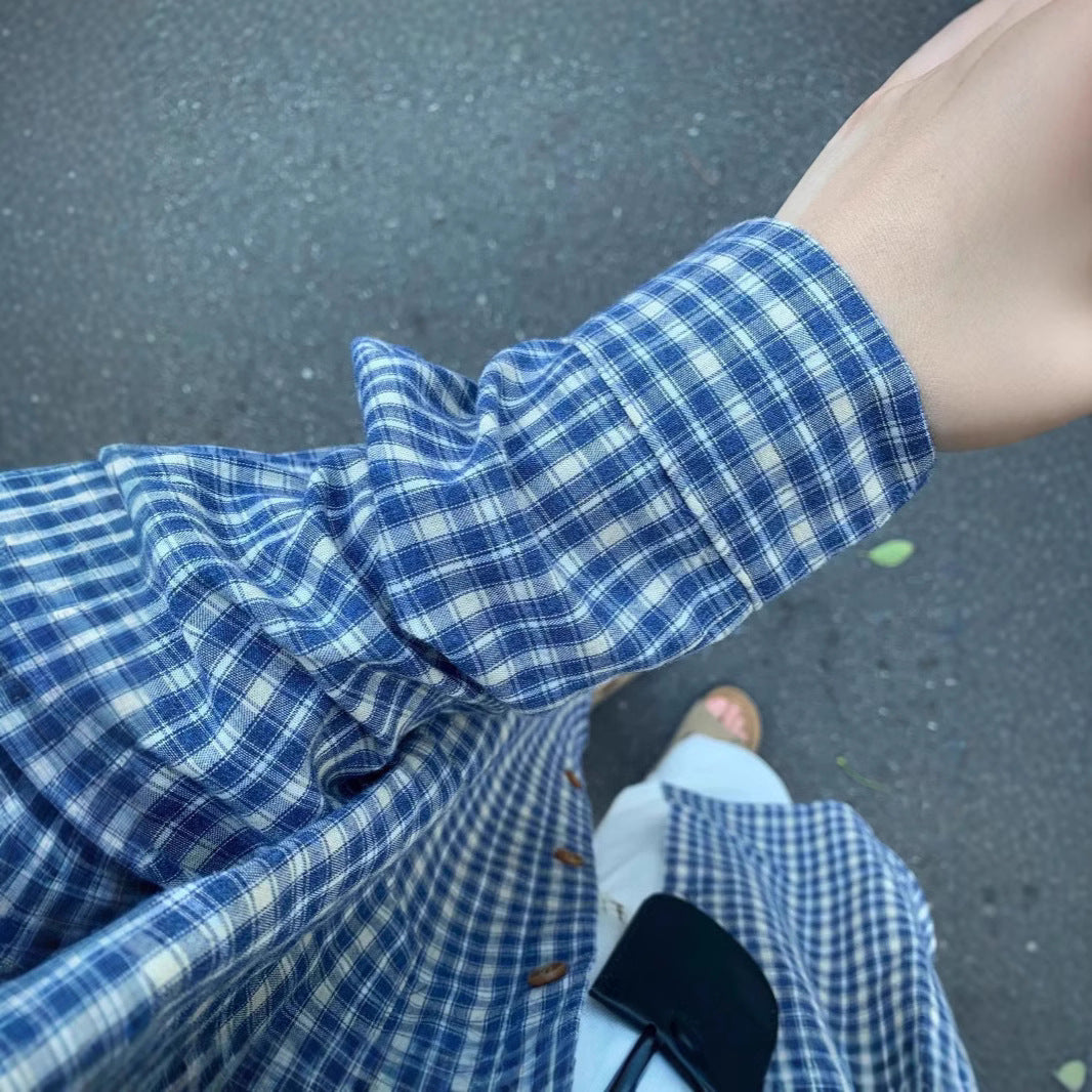 Chemise à carreaux bleus à manches longues, coupe ample, pour femme 5