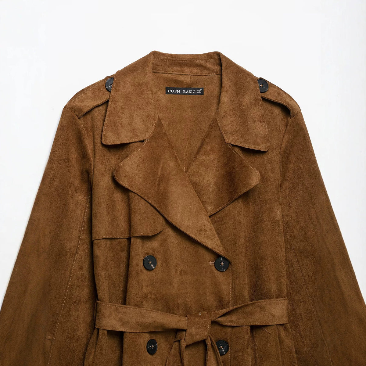 Trench effet daim à revers et ceinture, double boutonnage, marron 4