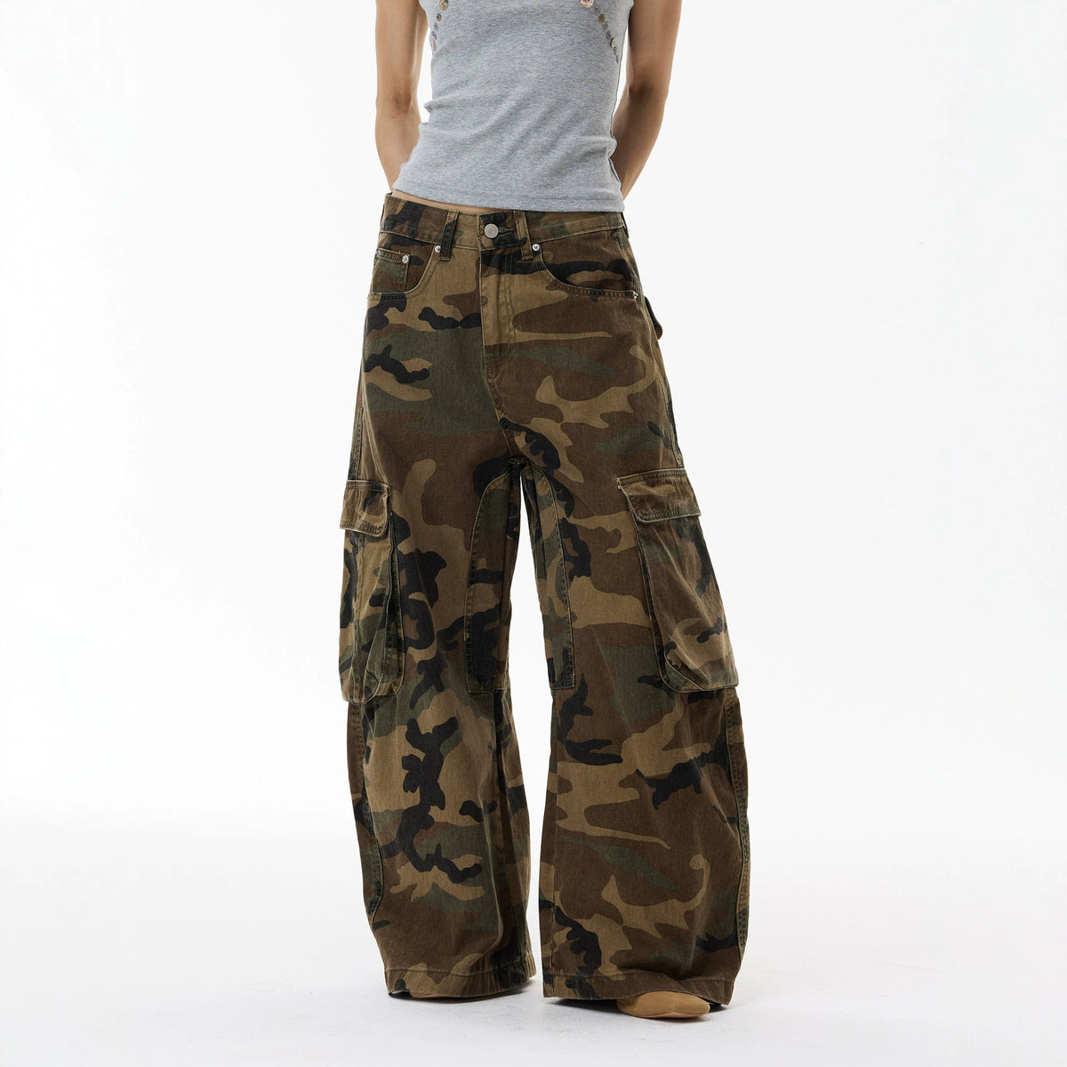 Pantalon cargo camouflage délavé vintage pour homme, jean large à poches, style street 2