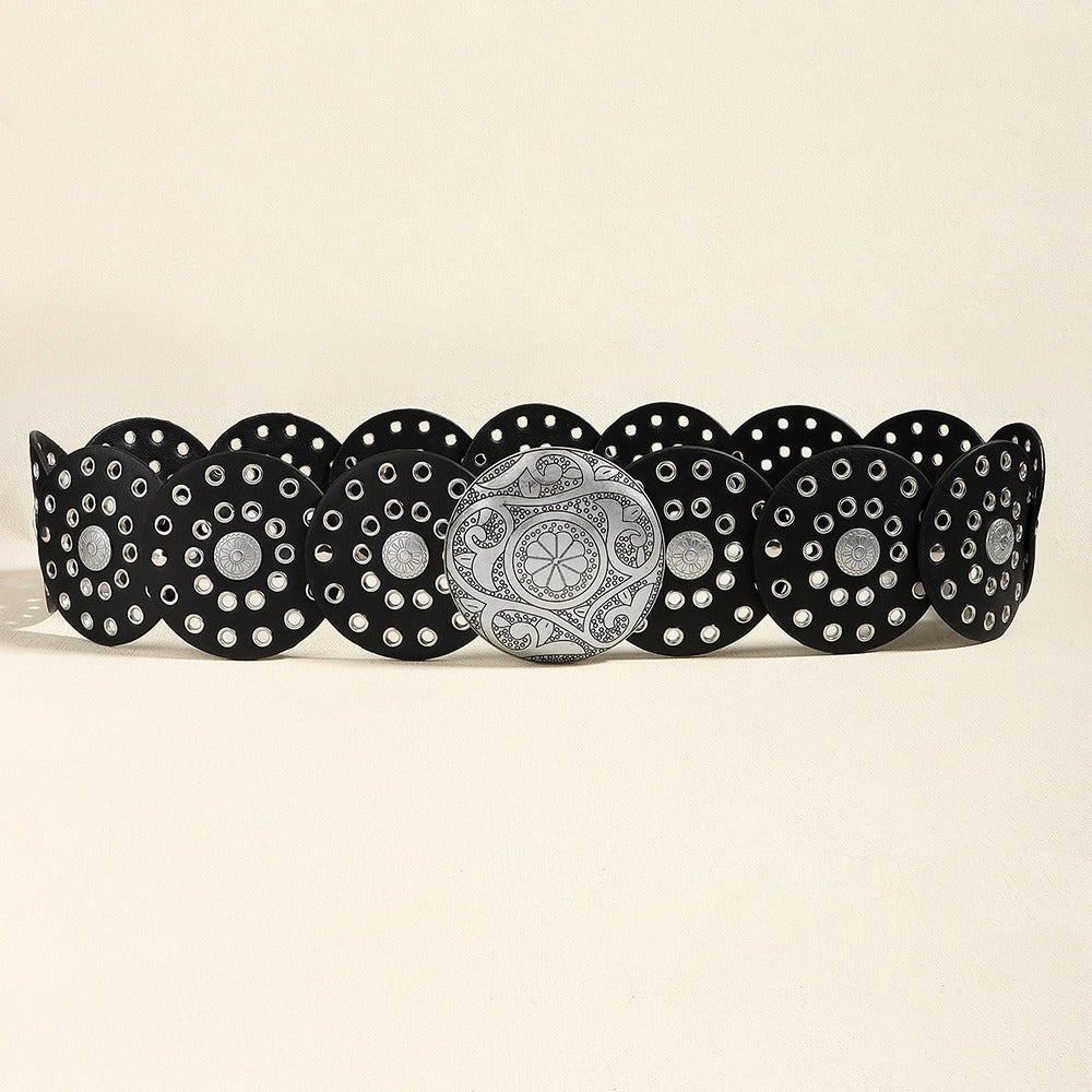 Ceinture large western en similicuir, boucle ronde ajourée en métal, style vintage, pour femme, 12 coloris 13